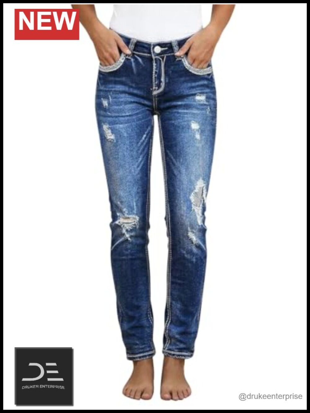 Mid Rise Ripped Curvy Skinny Jeans with Flap Pockets